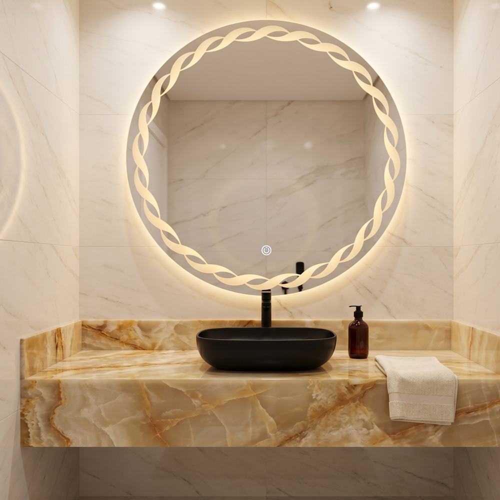 Espelho Redondo Jateado FLUENCE com 3 TONS DE LED e botão TOUCH SCREEN, Quarto,