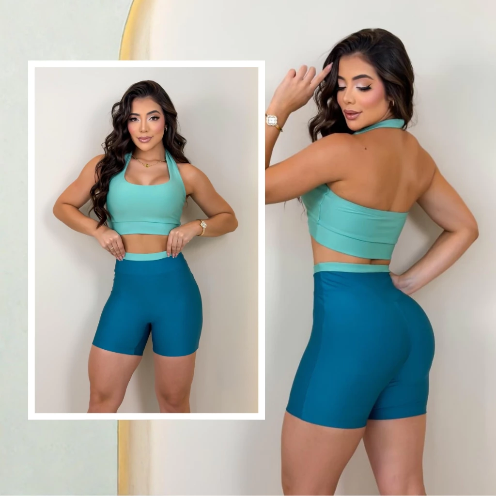 Conjunto Fitness - Shorts e Top de alça Costa Nua Zero Transparência Academia corrida moda feminino — imagem 1