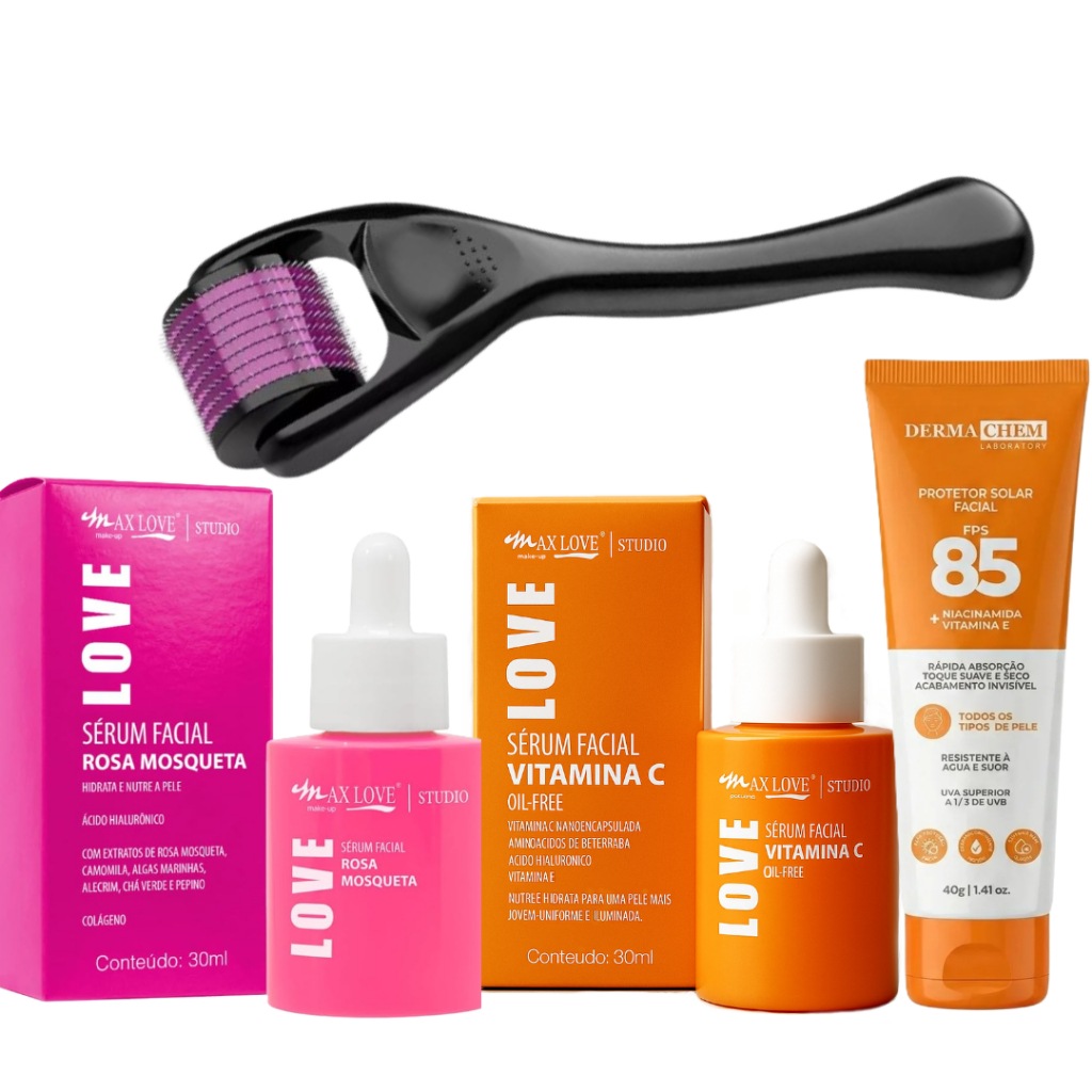 Kit Skin Care Microagulhamento Dermaroller Sérum Vitamina C Sérum Rosa Mosqueta Protetor Solar Cuidados Para o Rosto