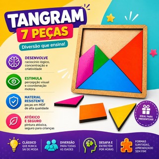 Tangram Madeira Jogo Educativo Geométrico Raciocínio Lógico Brinquedo Pedagógico Infantil