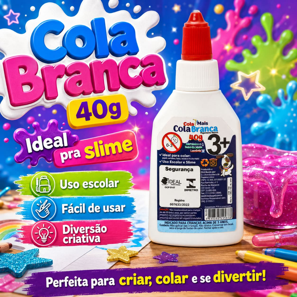 Cola Branca PVA-Escolar 40g Cola Mais | 6 UNIDADES , Atóxica, Secagem Rápida
