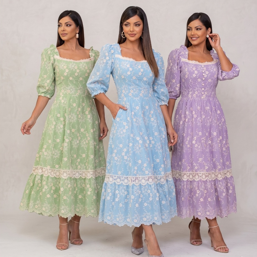 Vestido Midi Evangélico Ivone Babados e Renda Manga Curta Princesa Laise Festa Madrinha CN