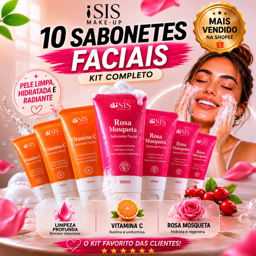 Kit com 10/ 4, unidades de Sabonete Líquido Facial Hidratante Ácido Hialurônico Vitamina C Isis Make-Up