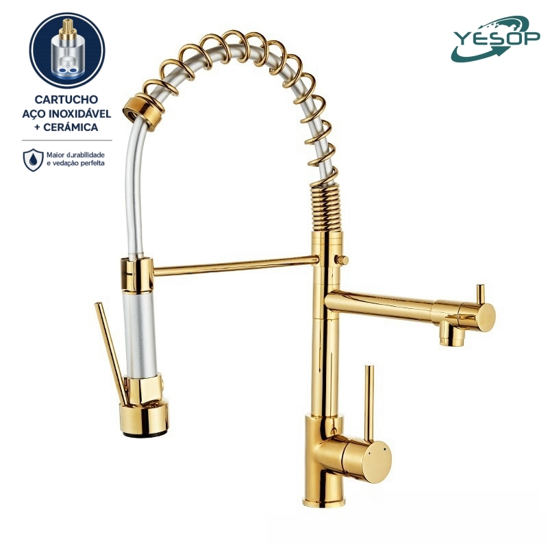 Torneira Pia Cozinha Gourmet Misturador Monocomando Saída Dupla Dourado Yesop