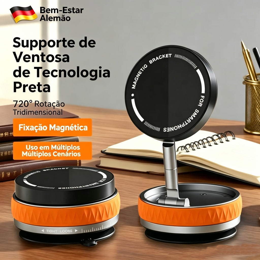 Suporte Magnético para Celular com Ventosa a Vácuo - Compatível MagSafe, Giro 720°, Forte Fixação para Carro e Mesa