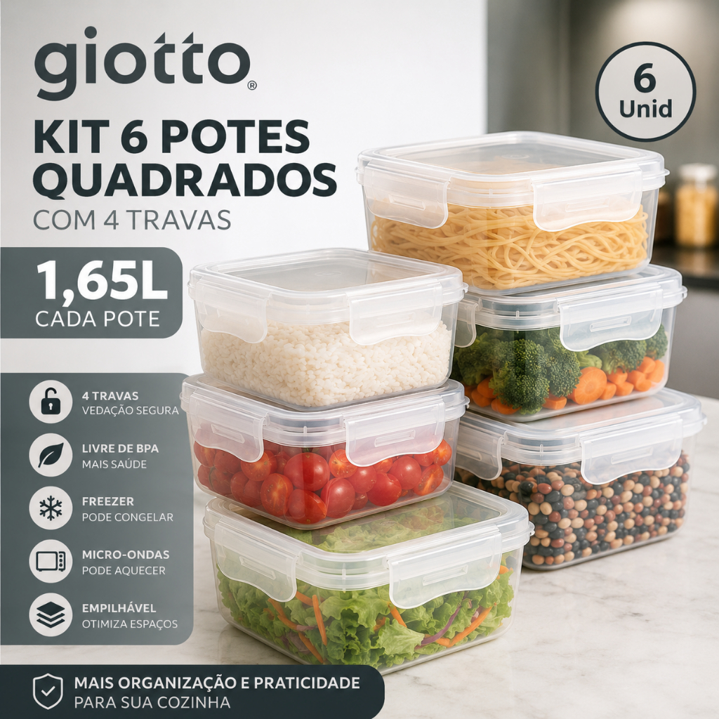 Kit 6 Potes Quadrados com 4 Travas 1650ml Transparente Hermético Mantimentos Organizador Giotto