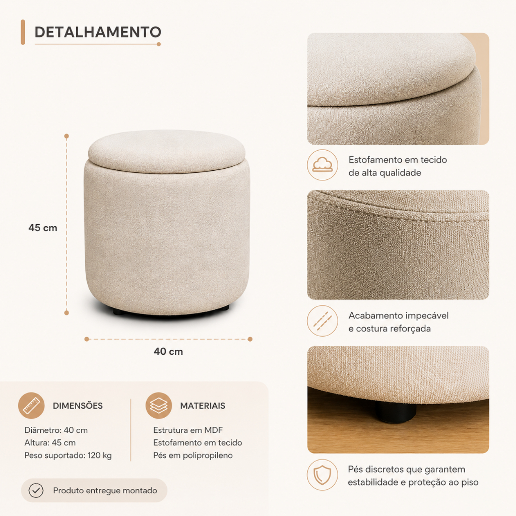 Detalhes do Puff Baú Redondo Multiuso 40cm com Tampa Firme Mesa de Apoio. Nas cores Bege/ Cinza /Off White