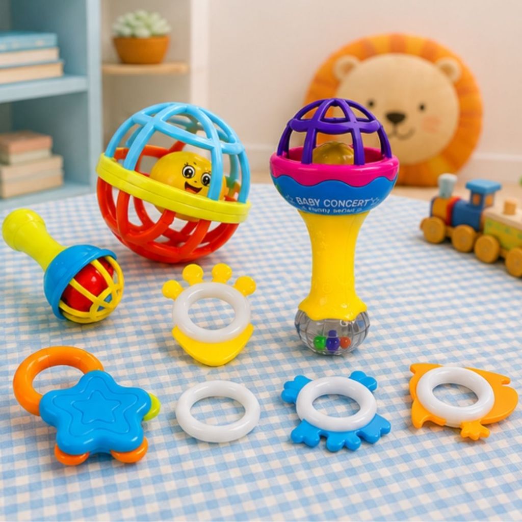 Kit 7 Peças Mordedor Bebe Sensorial Macio Silicone Soft Macio Chocalho Bolinha Halter Baby Ball