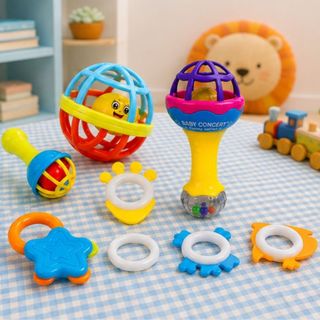 Kit 7 Peças Mordedor Bebe Sensorial Macio Silicone Soft Macio Chocalho Bolinha Halter Baby Ball