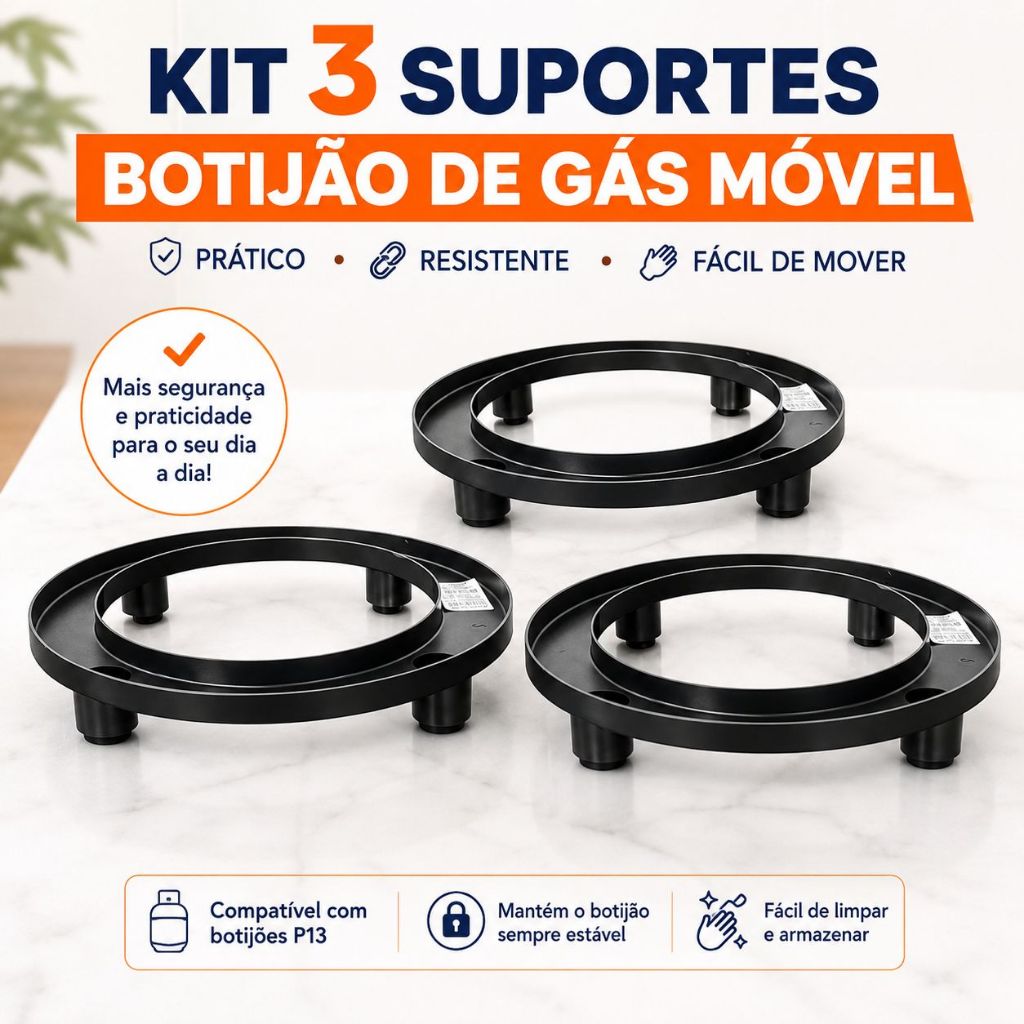 Kit 3 Suporte De Botijão De Gás Móvel Cor Preto /suporte para gás