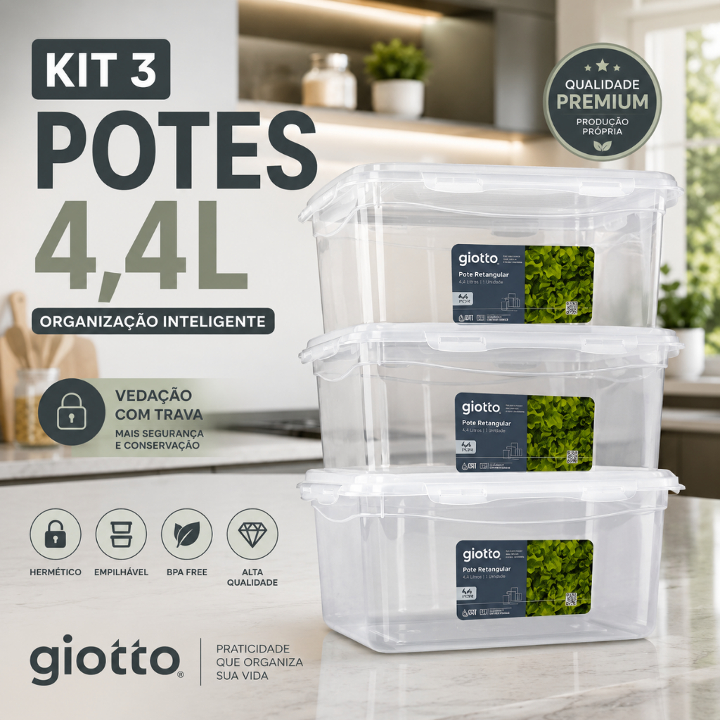 Kit 3 Potes Tampa Trava Alto 4,4l Transparente Freezer Microondas armazenamento alimentos Giotto