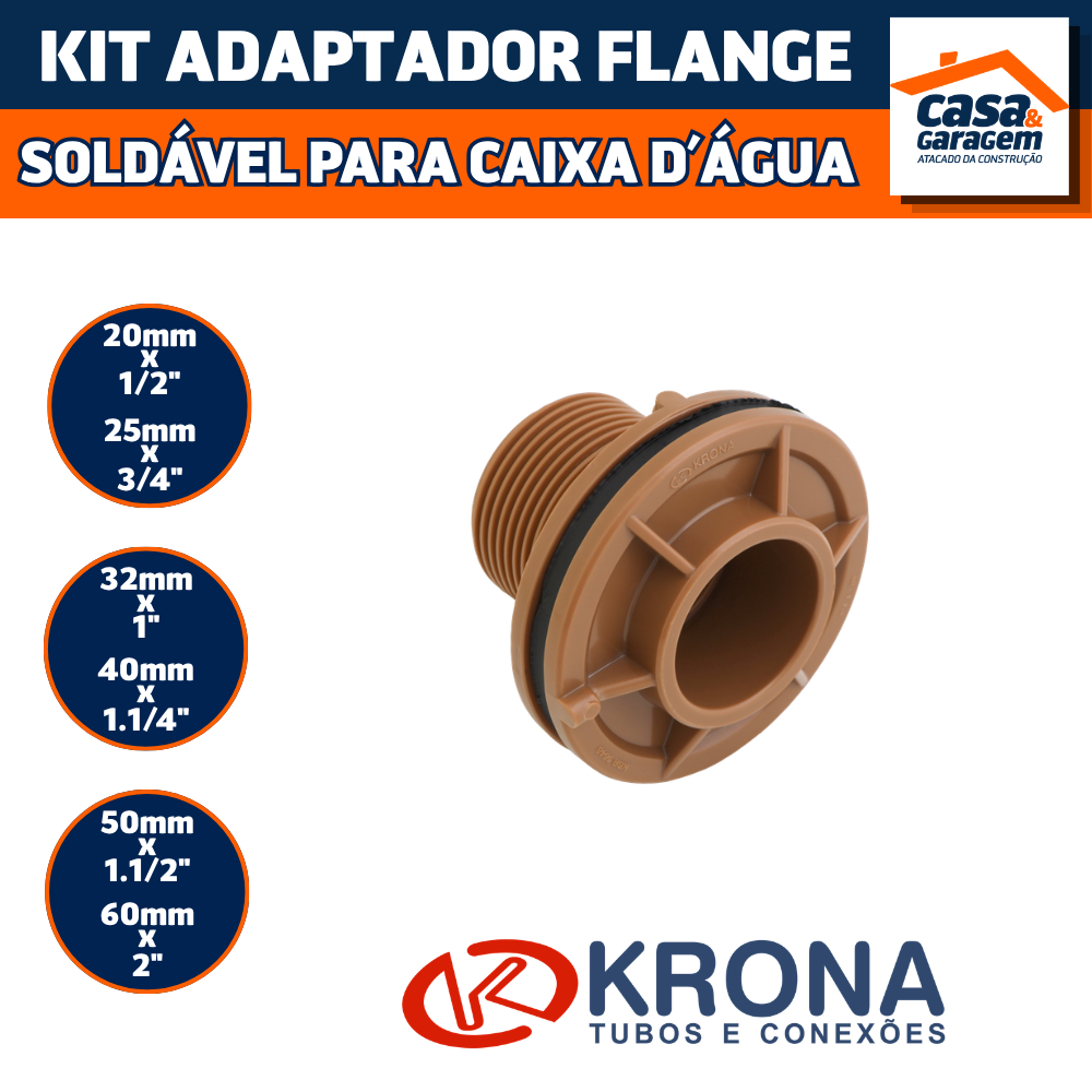 Kit Adaptador Flange Soldável Para Caixa D'água Krona Conexão Hidráulica PVC