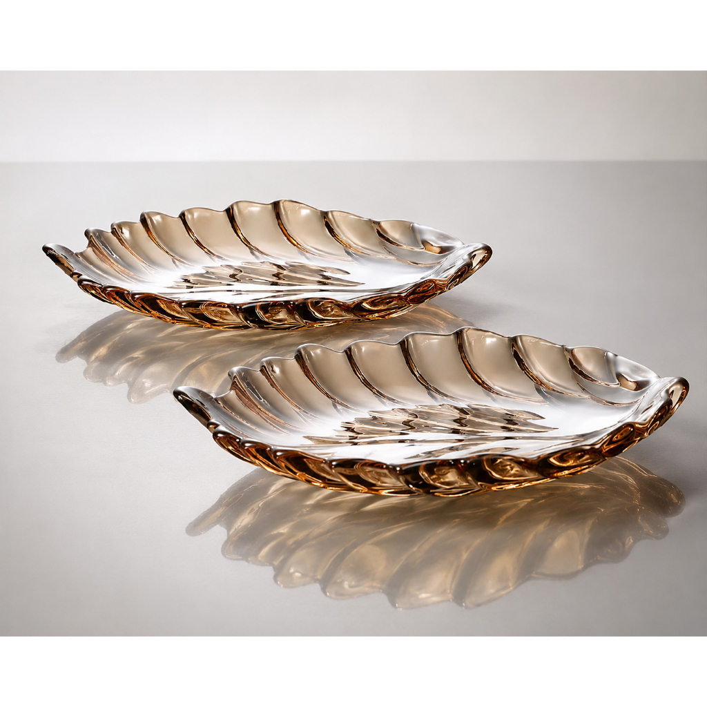 Kit 2 Centros de Mesa Folha Vidro Dourado Metalizado 31cm - Bandeja Decorativa Sala e Jantar