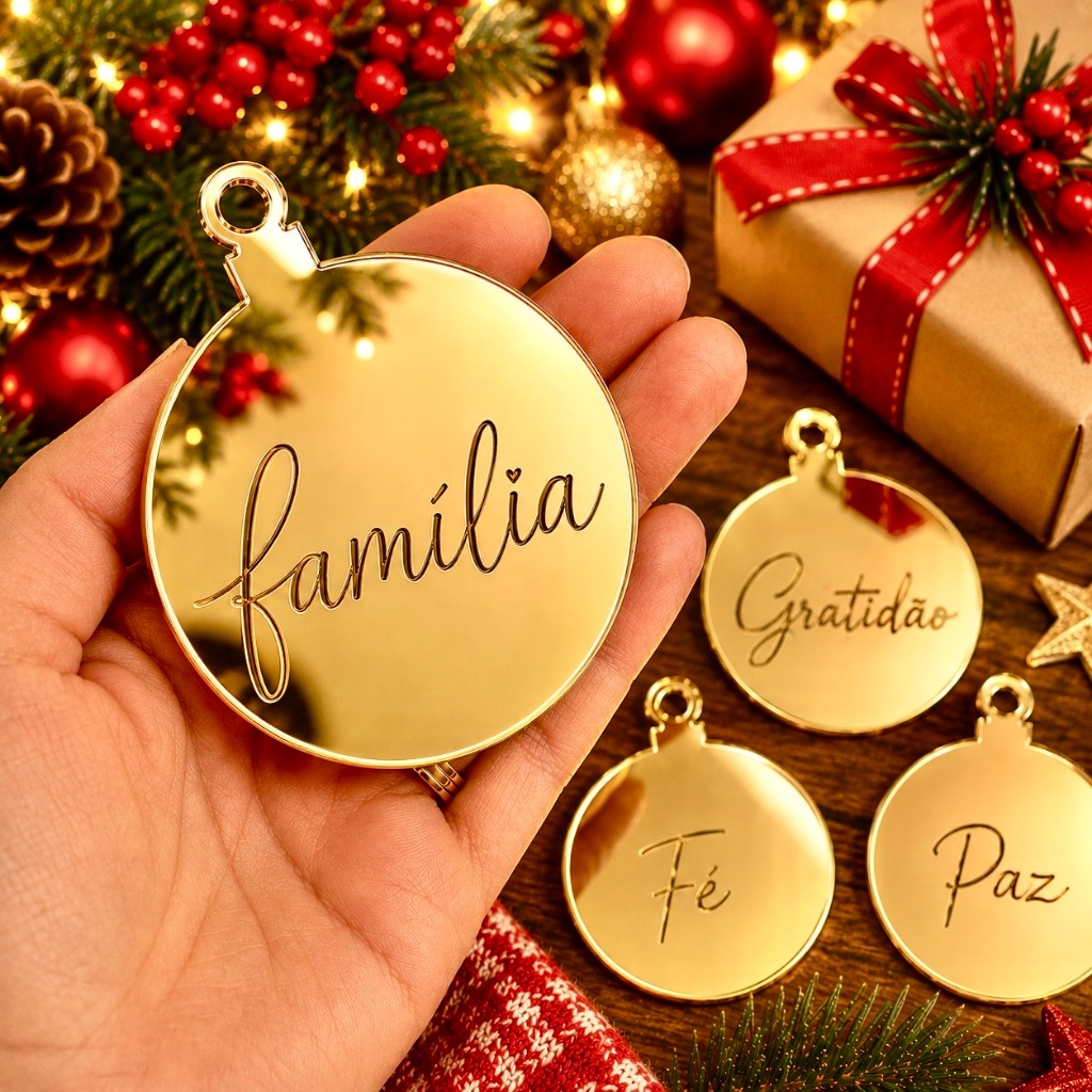 Kit 8 uni - Enfeite de Natal LUXO Acrílico 2mm Bola com cordão Palavras Gravadas Decoração