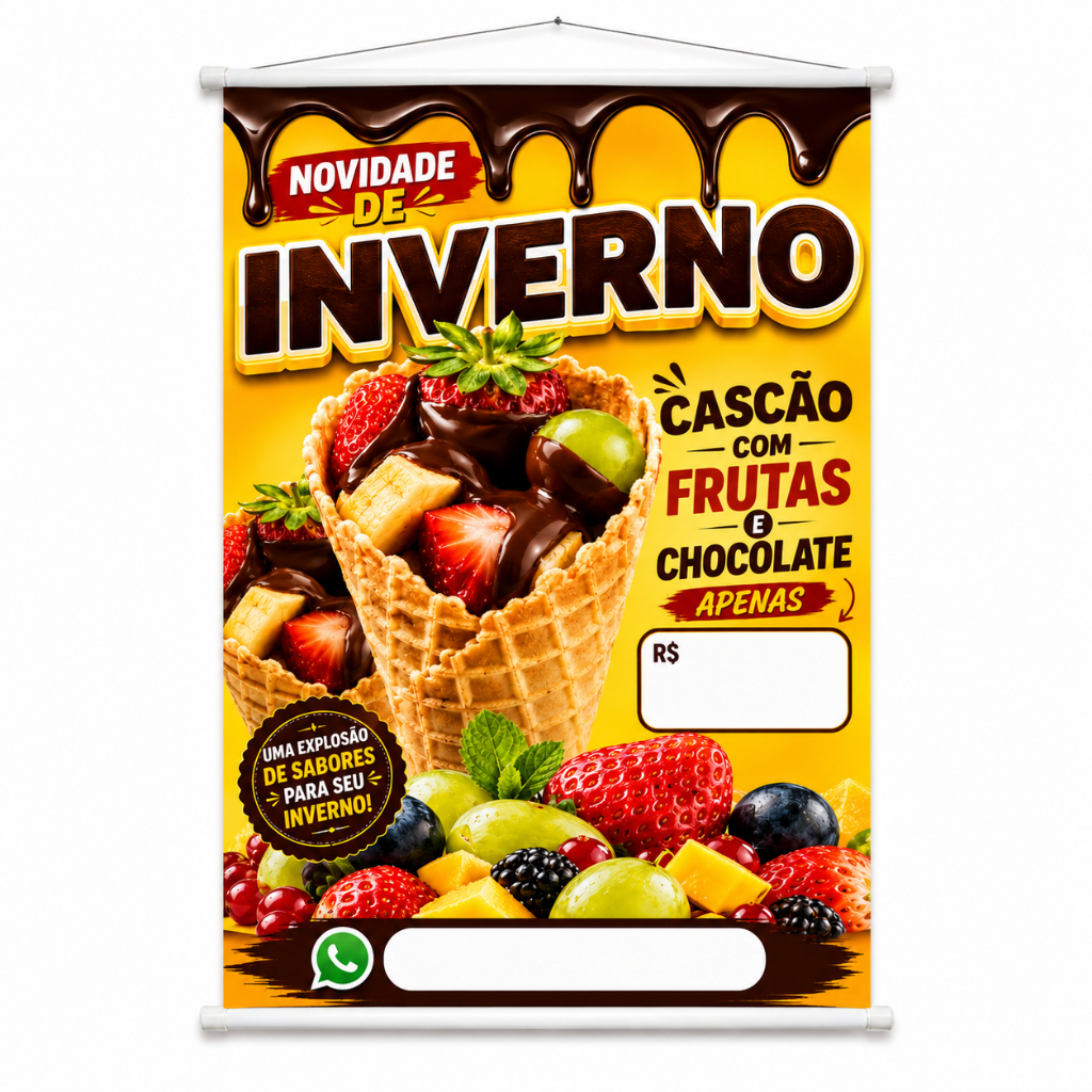 Banner Venda de Cascão Fundi Fudue com Fruta Chocolate produzido em lona Cartaz Propaganda Doceria Sorveteria Cafeteria