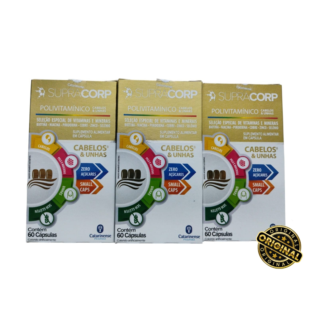 KIT COM 3 SUPRACORP CABELOS E UNHAS C/60 CÁPS POLIVITAMINICO ENVIO RAPÍDO