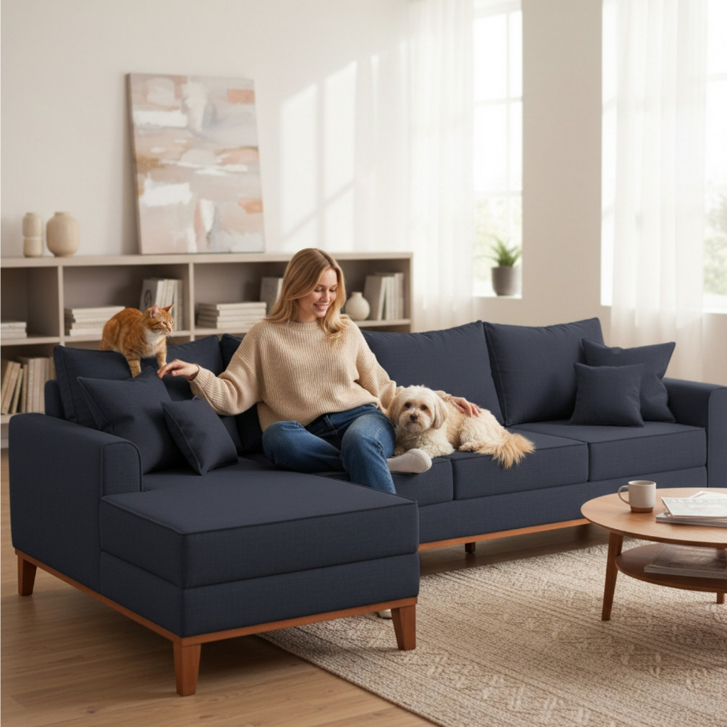 Sofá 4 Lugares Beny com Chaise Esquerdo Suede Azul