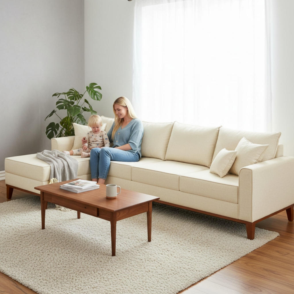 Sofá 4 Lugares Beny com Chaise Esquerdo Corino Bege