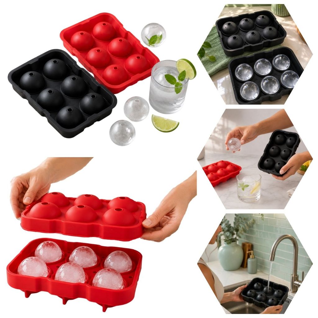 Forma Gelo Bola Silicone 6 Esferas Grandes Whisky Gin Drinks Bar Copo Premium Reutilizavel