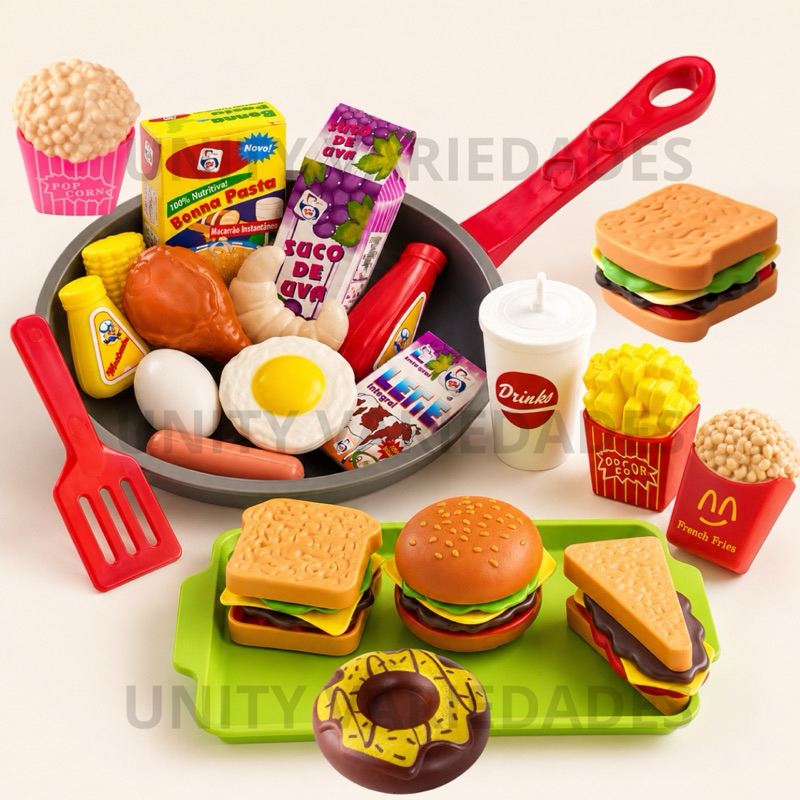 Kit Brinquedos Menino Menina 26 Pc Comidinha Panelinhas Mercadinho Hamburguer