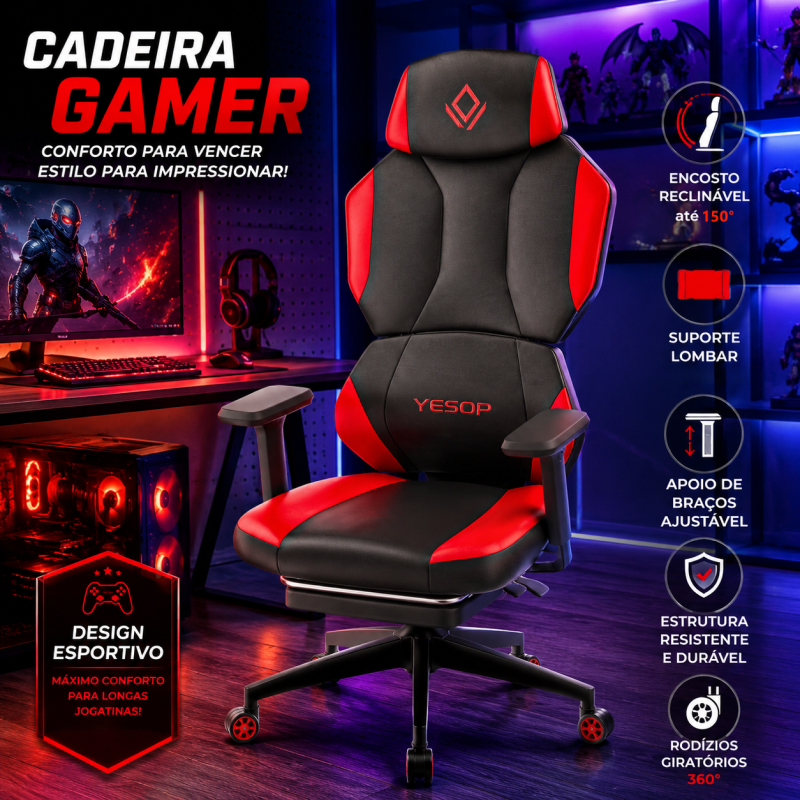 YESOP Cadeira Gamer Ergonômica Reclinável 150° E Apoios E Assento Extra Largo Preta e Vermelha