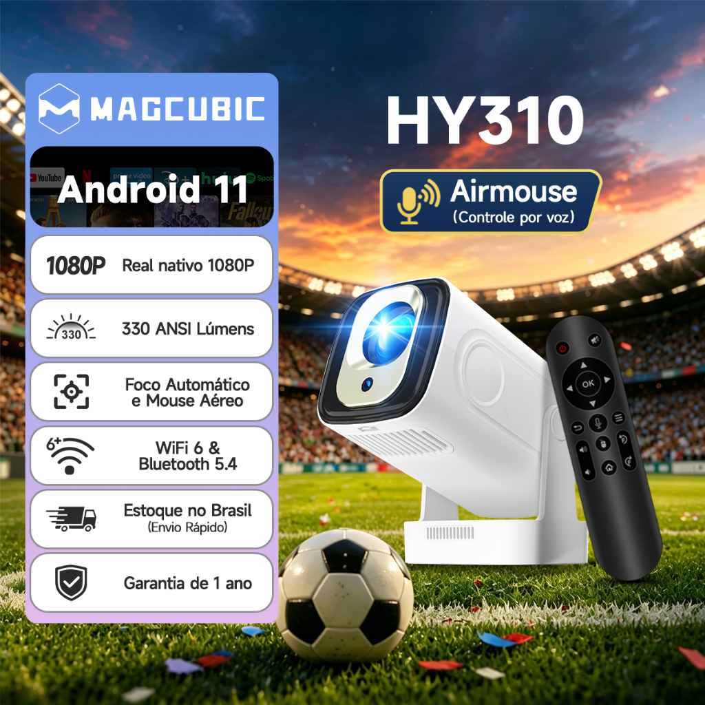 MAGCUBIC HY310 Mini Projetor Portátil 4K Android 11 com foco automático controle por voz WiFi6 BT5.4