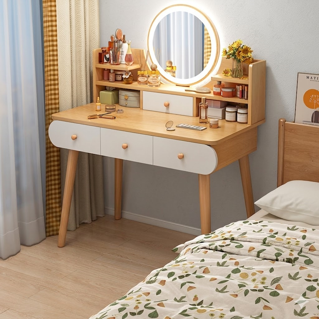 Penteadeira de quarto com 4 gavetas Mesa de maquiagem multifuncional LED Cor da madeira Yesop