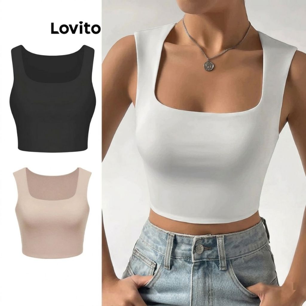 Lovito Regata Feminina Cropped de Alça Larga Lisa TKB68ED064