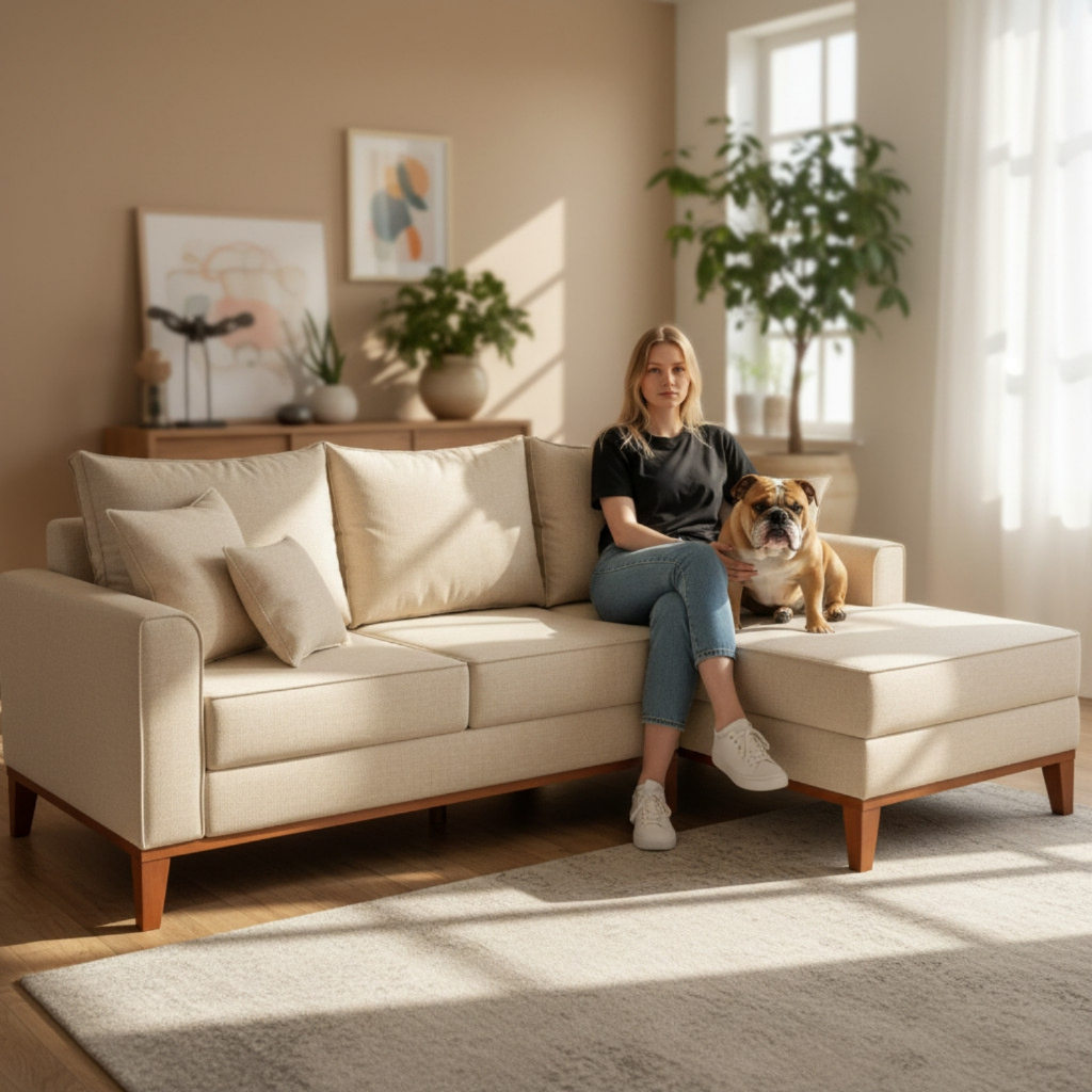 Sofá de 3 lugares Beny com Chaise direito no suede bege