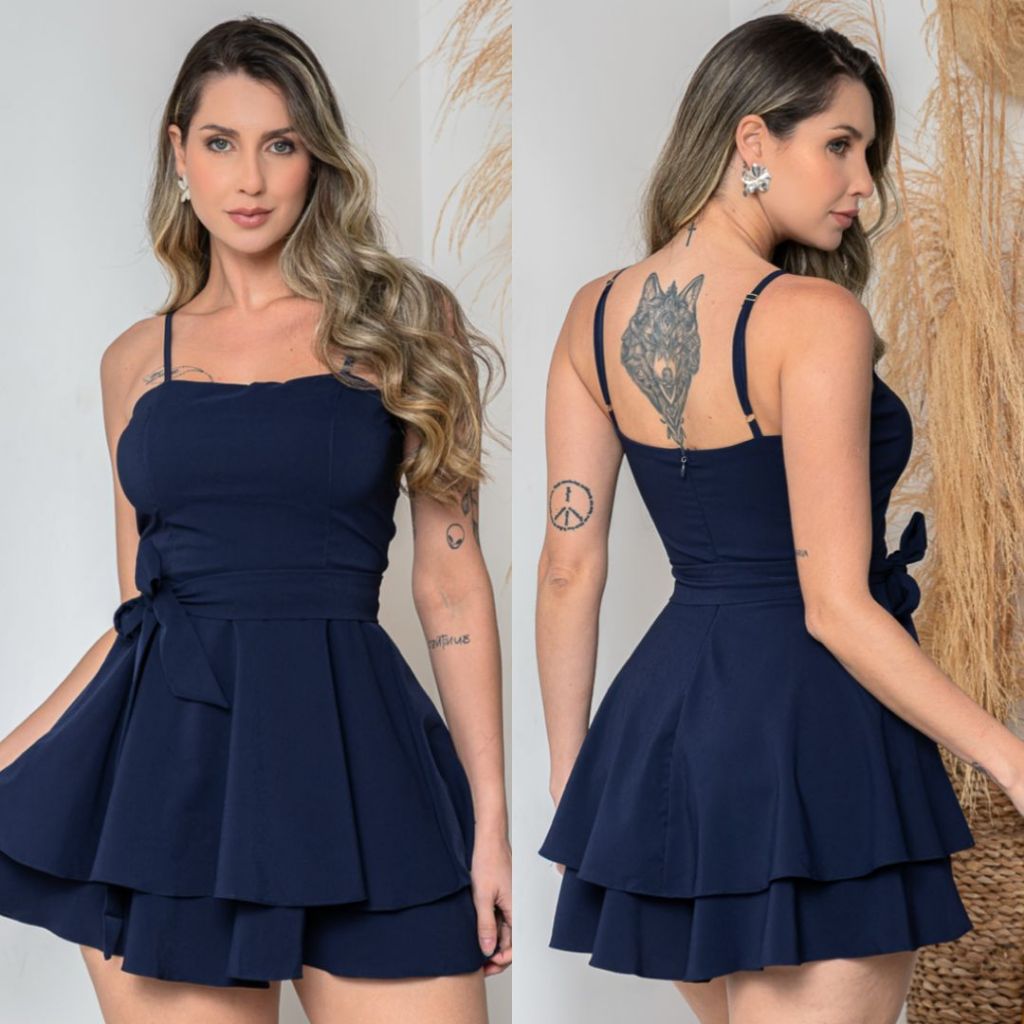 Macaquinho vestido bailarina soltinho zíper atrás alça ajustável laço removível Moda Elegante