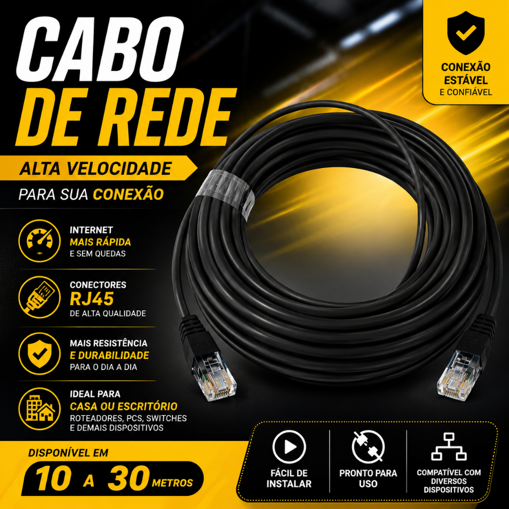 Cabo de Rede Preto Crimpado RJ45 10/15/20/25/30 Metros para Internet