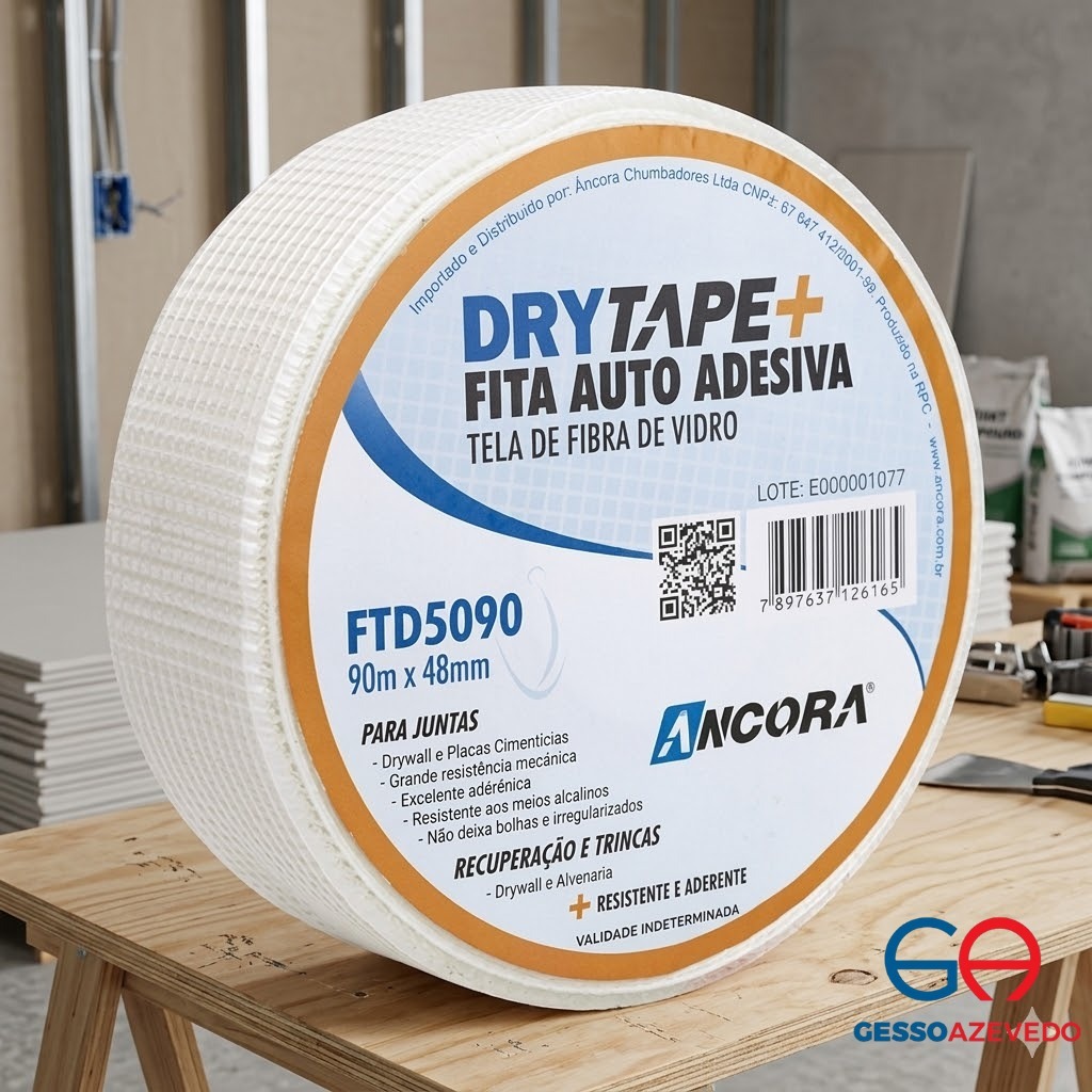 Fita Drywall 48mm x 90m Autoadesiva Fibra de Vidro Alta Resistência Anti Trinca