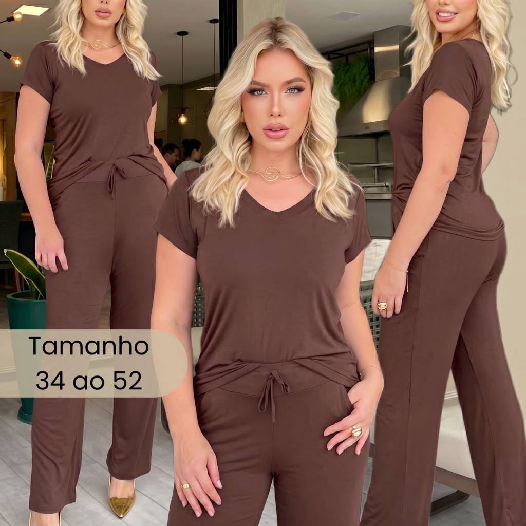 Conjunto Feminino Elastano Blusa Gola V e Calça Pantalona Viscolycra Premium