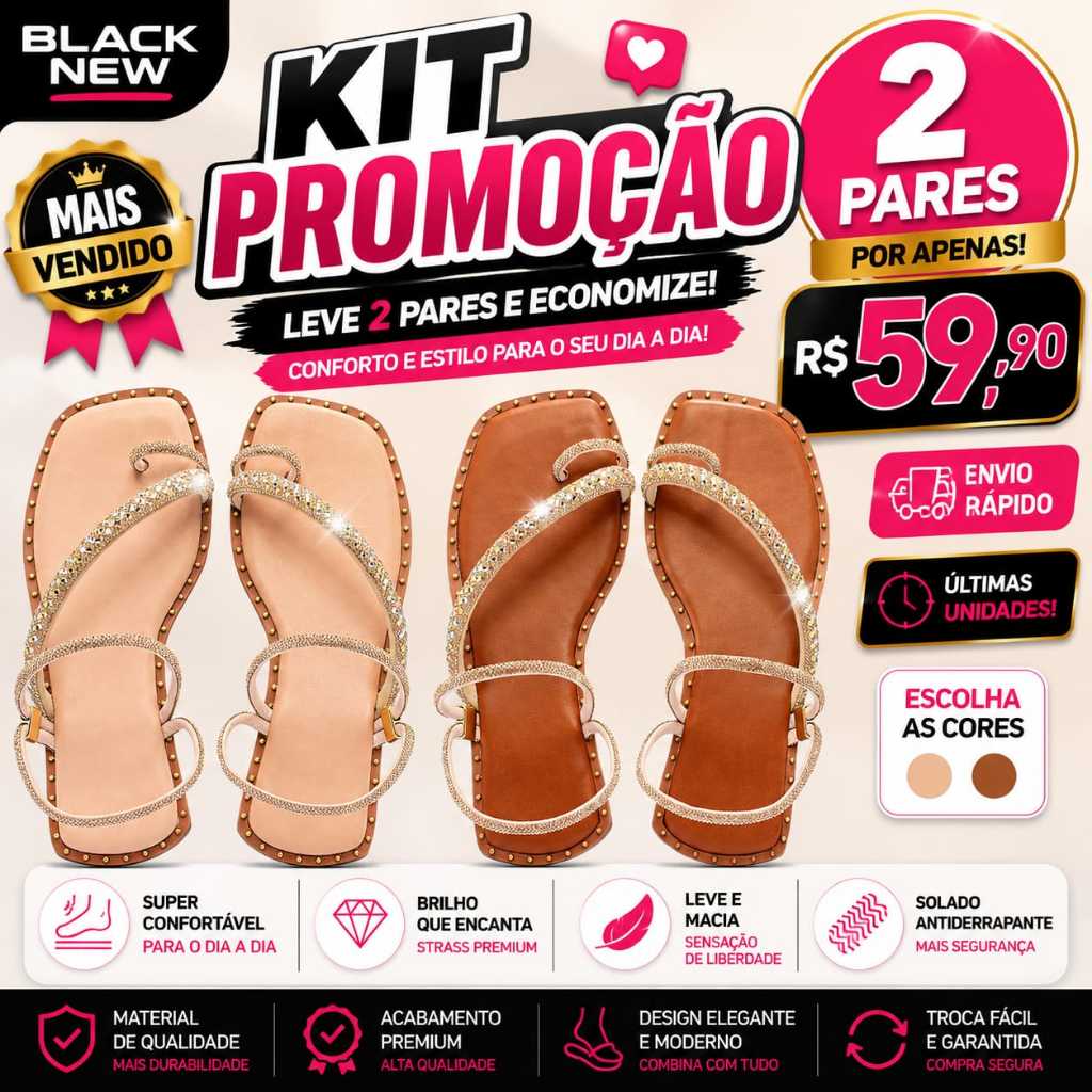 Kit 2 Pares Sandália Rasteirinha Feminina Confortável e Antiderrapante Dia a Dia Elegante Casual