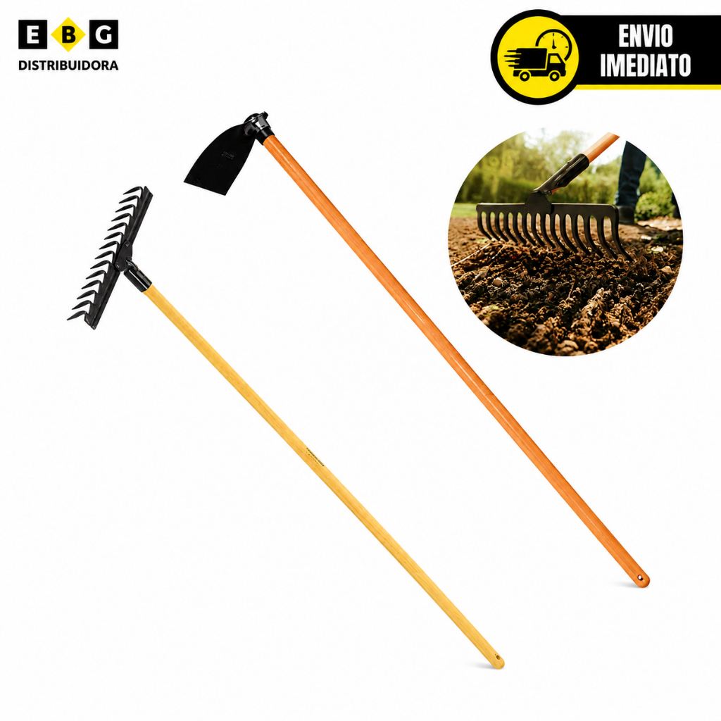 Kit Ancinho 14 Dentes Curvo + Enxada Larga Para Horta Jardim Agricultura Rural