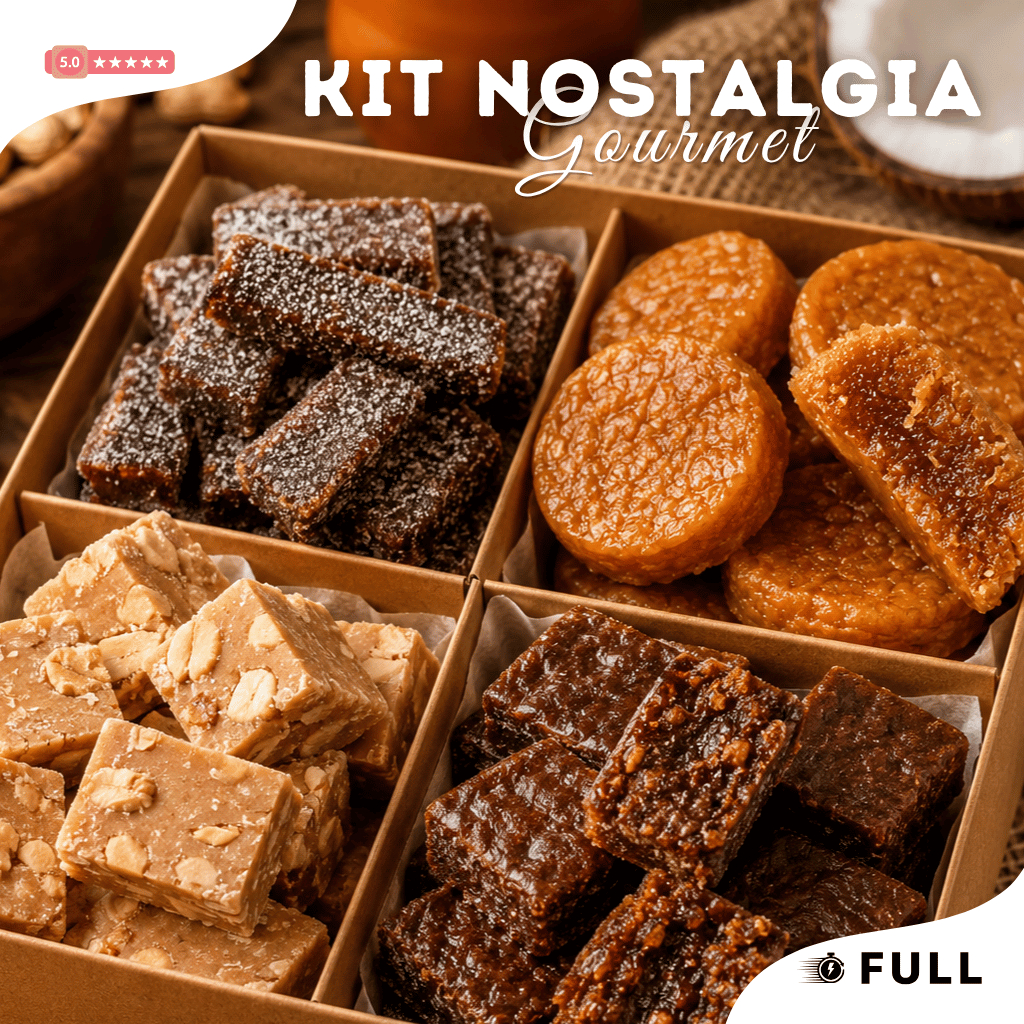 Kit Nostalgia Brasileira com Bananinha Cristalizada Doce de Abóbora Quebra Queixo e Pé de Moça 600g