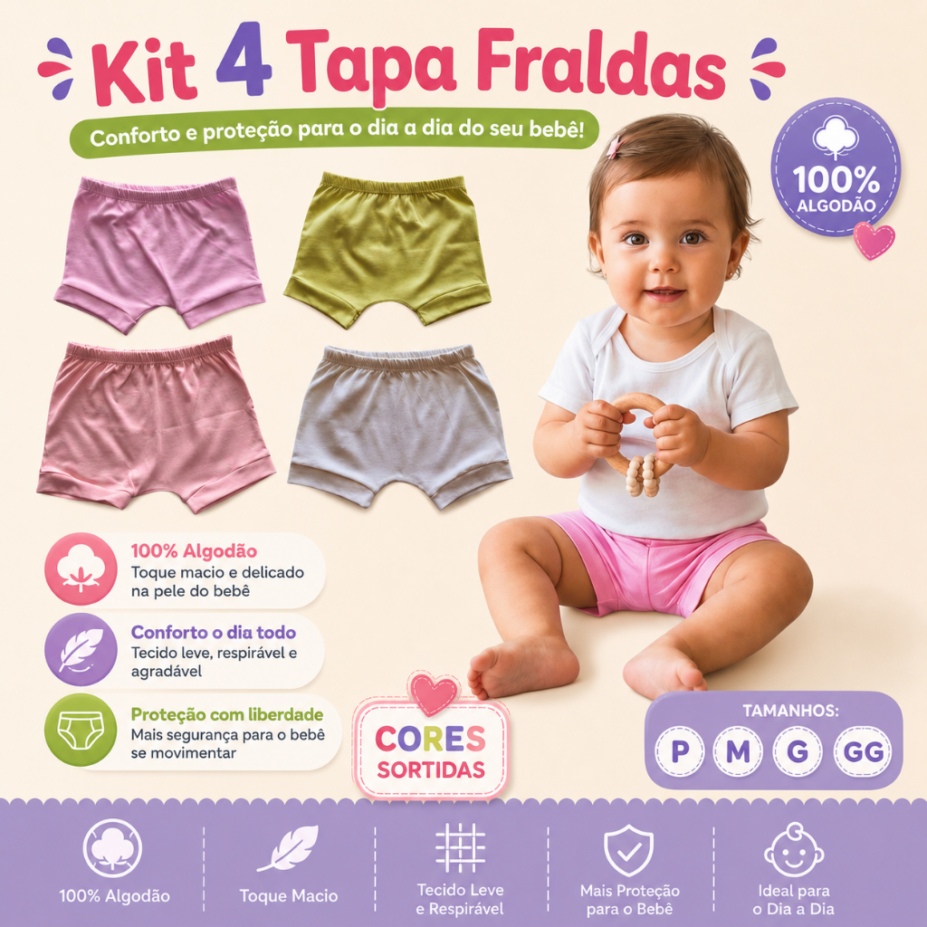 Kit Tapa Fralda Bebê 4 Unidades - 100% Algodão - Cores Diversas