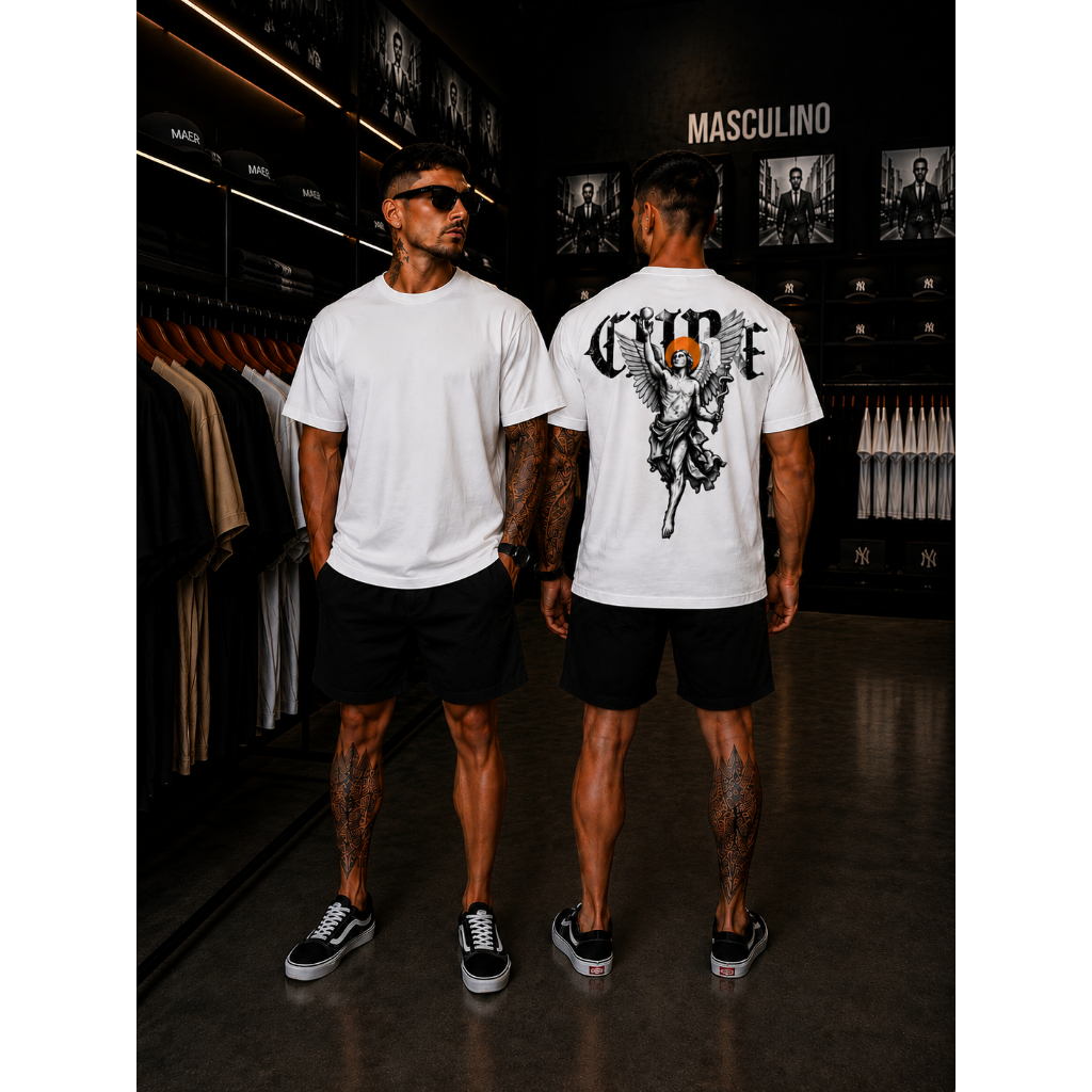 Kit Conjunto Masculino Streetwear Cure Camiseta Estampada Algodão + Bermuda Tactel Mauricinho