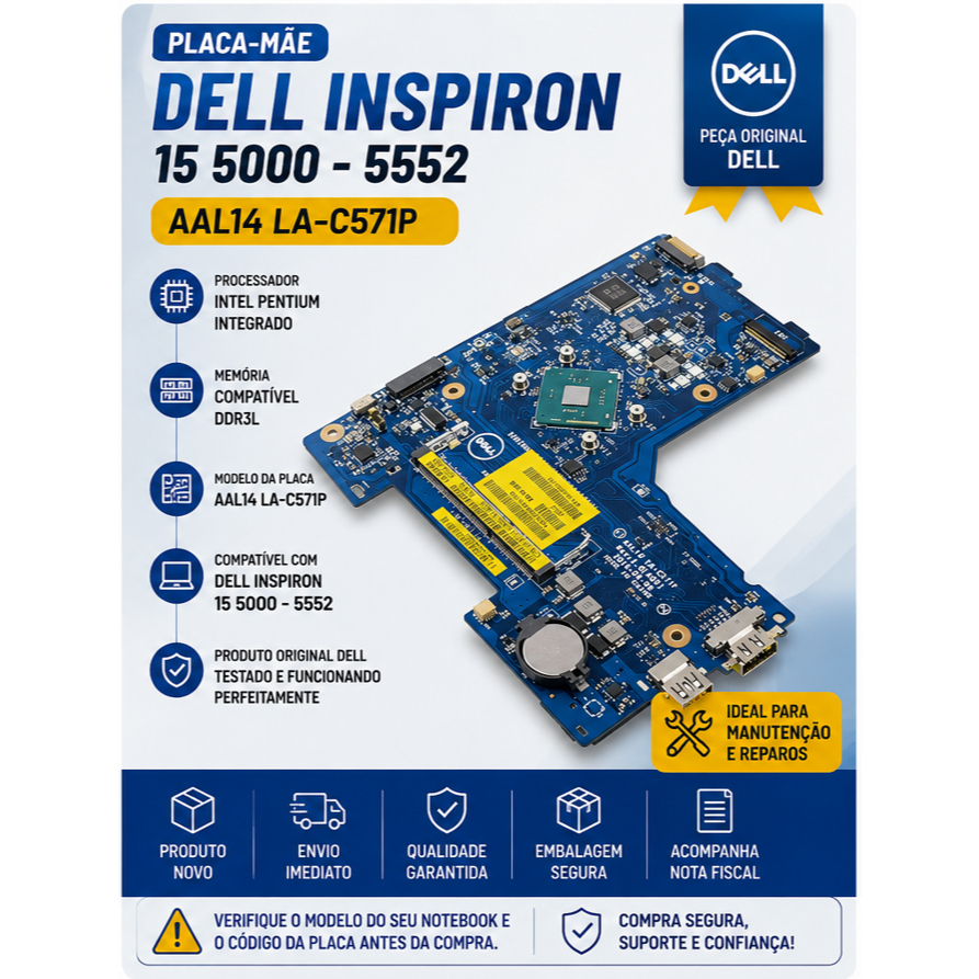 Placa Mãe Para Notebook Dell 15 5000 5552 Aal14 La-c571p Proc Pentium N3700 1.6GHz SR29E integrado