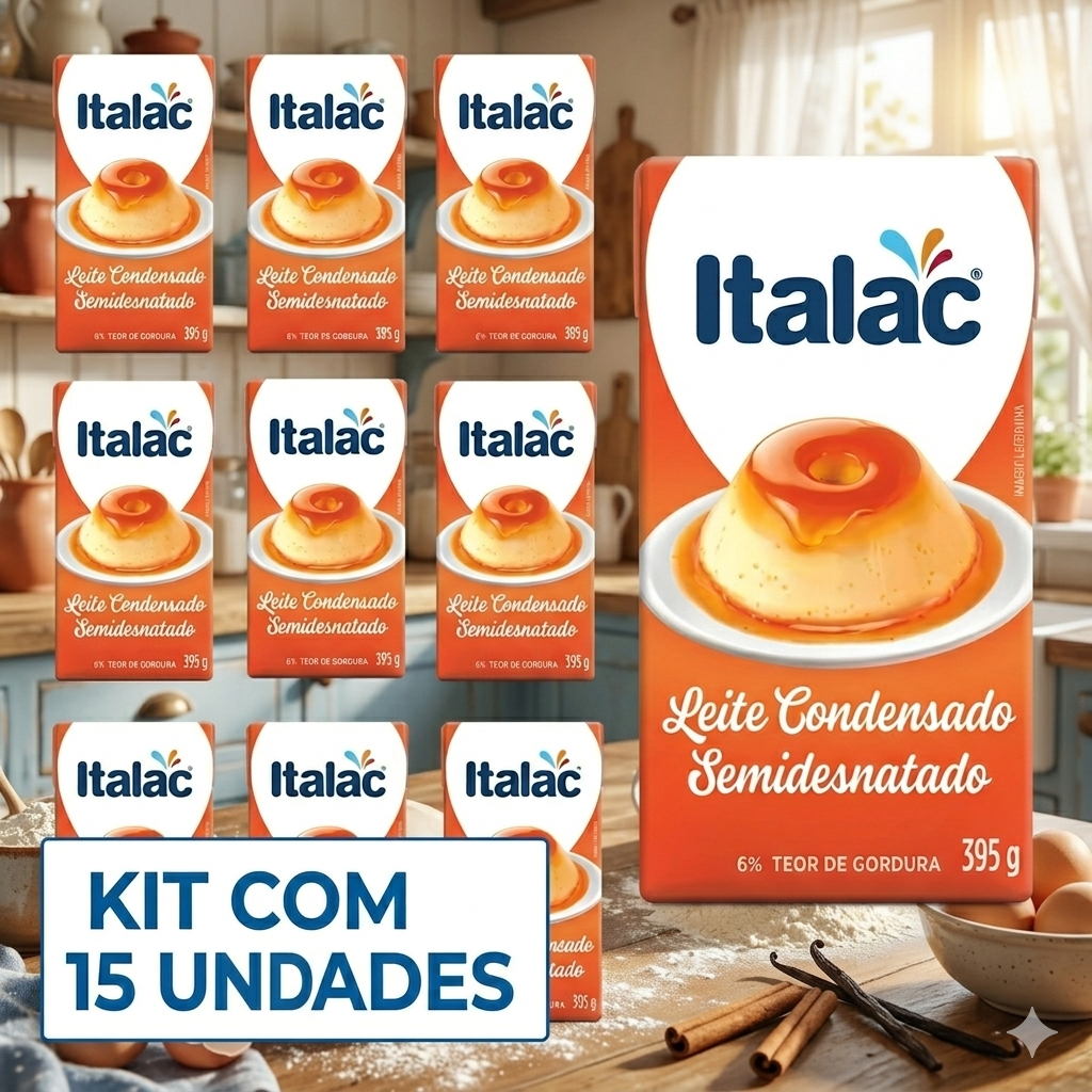 Kit 15 Unidades Leite Condensado ITALAC 395g Semidesnatado Para Doces, Sobremesas e Bolos