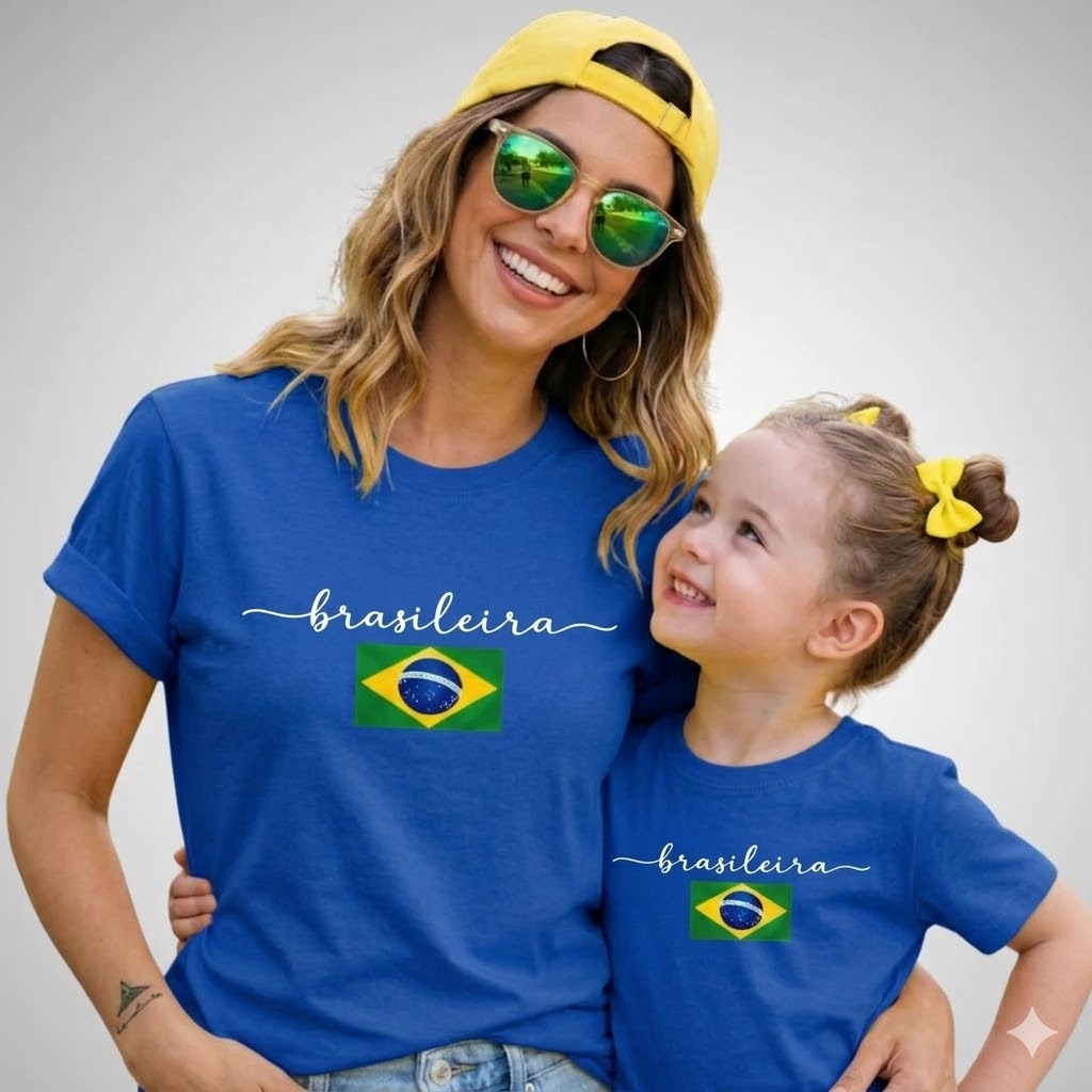 Camiseta do Brasil Mãe e Filha Brasileira Blusa do Brasil em Algodão Premium Azul Torcedora Brasil