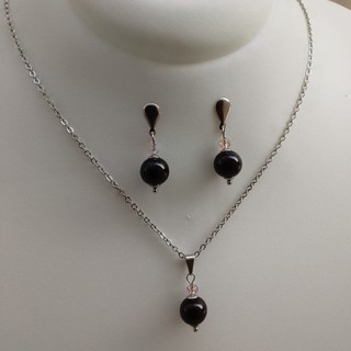 Conjunto Colar e Brinco Feminino Ônix Natural Aço Inox Antialérgico 45cm Elegante