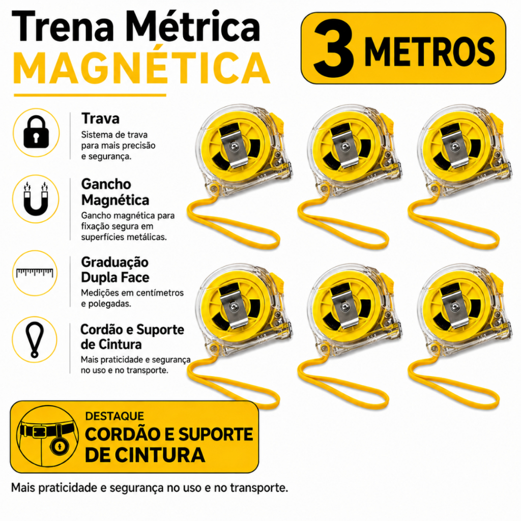 KIT Trena 3 Metros Transparente Acrílica Magnética Trava Automática Dupla Escala cm/pol Profissional