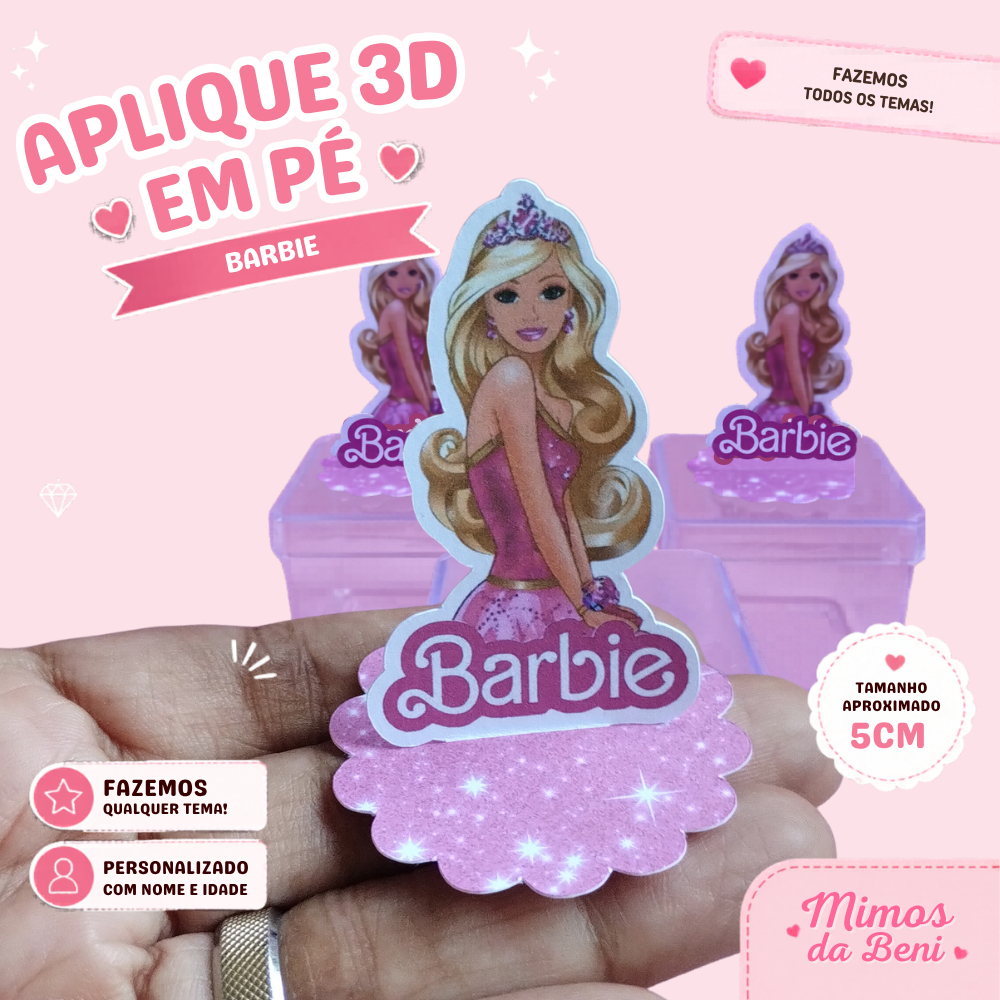Aplique em Pé 3D Barbie Festa Infantil Personalizado Nome e Idade para Decoração e Lembrancinha