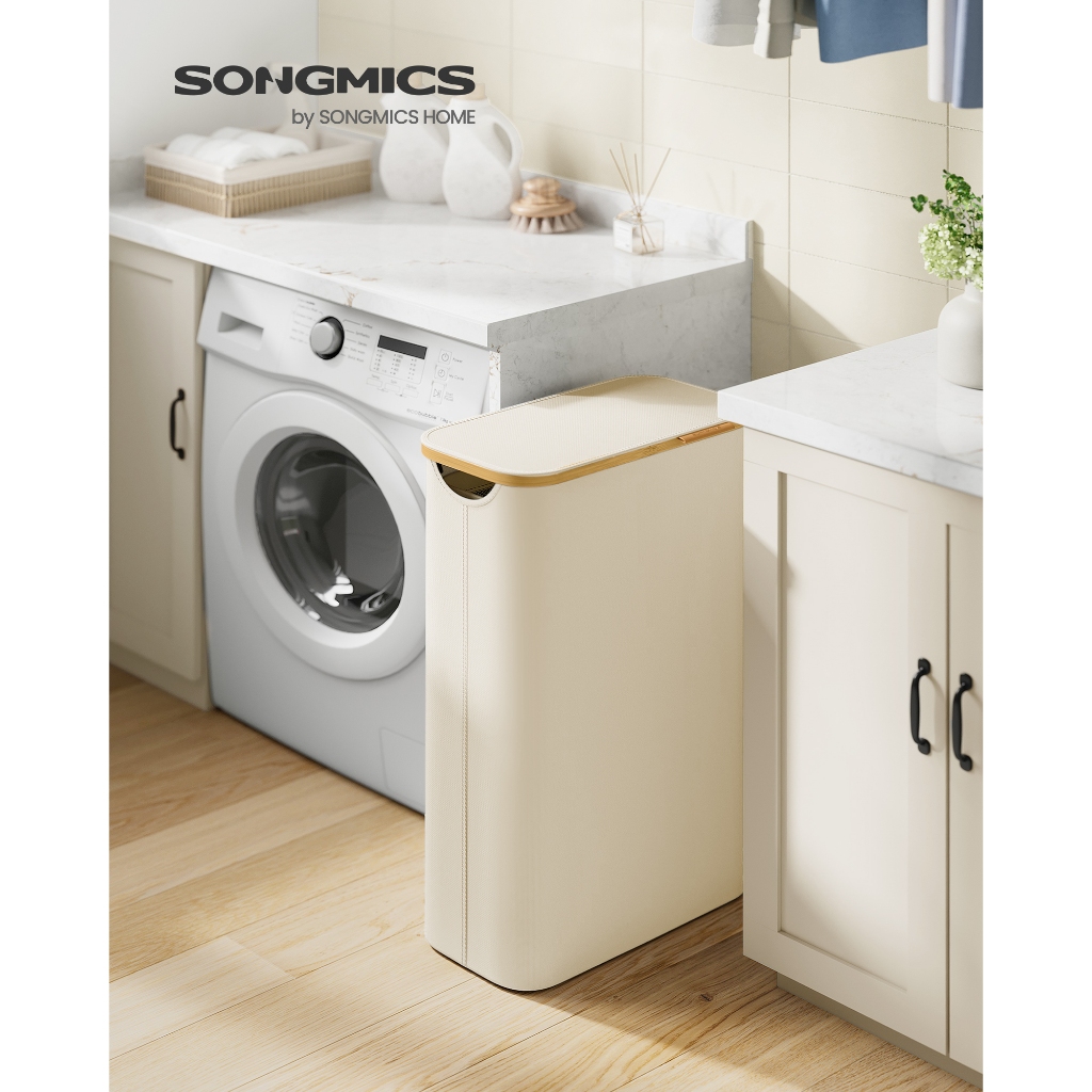 SONGMICS Cesto de roupa suja dobrável, organizador de lavanderia com tampa, alça de bambu, tecido Oxford, banheiro, 65L · foto 2