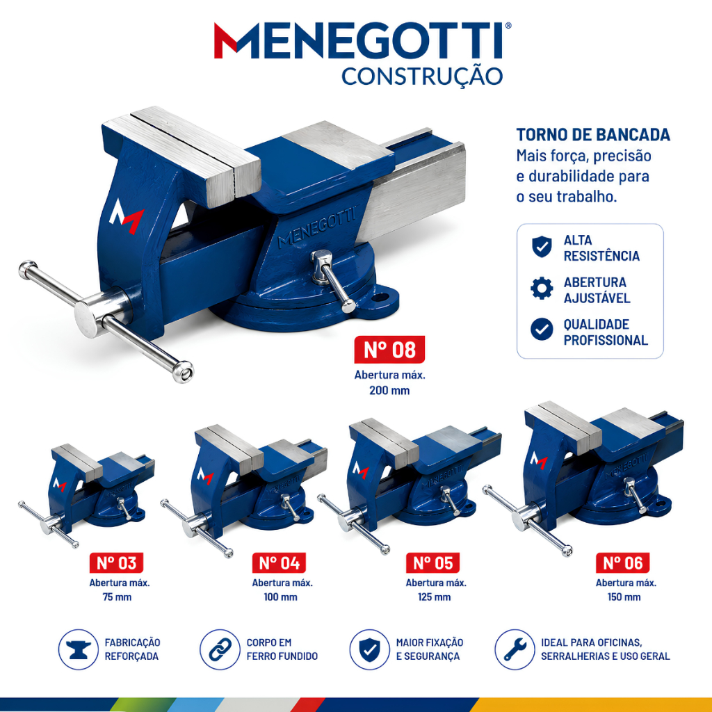 Morsa de Bancada Menegotti Base Giratória 360° Ferro Fundido Nodular Nº 03 04 05 06 08 Profissional