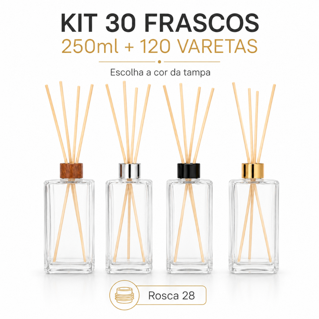Kit 30 Frascos Vidro Retangular 250ml Para Aromatizador Difusor De Ambiente Lembrancinha Revenda Com 120 Varetas
