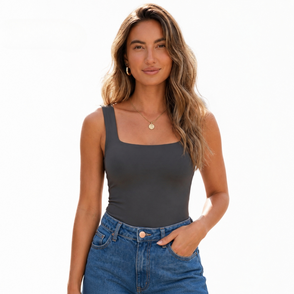 Body Feminino Decote Quadrado Suplex Com Fecho Alça Larga Regata