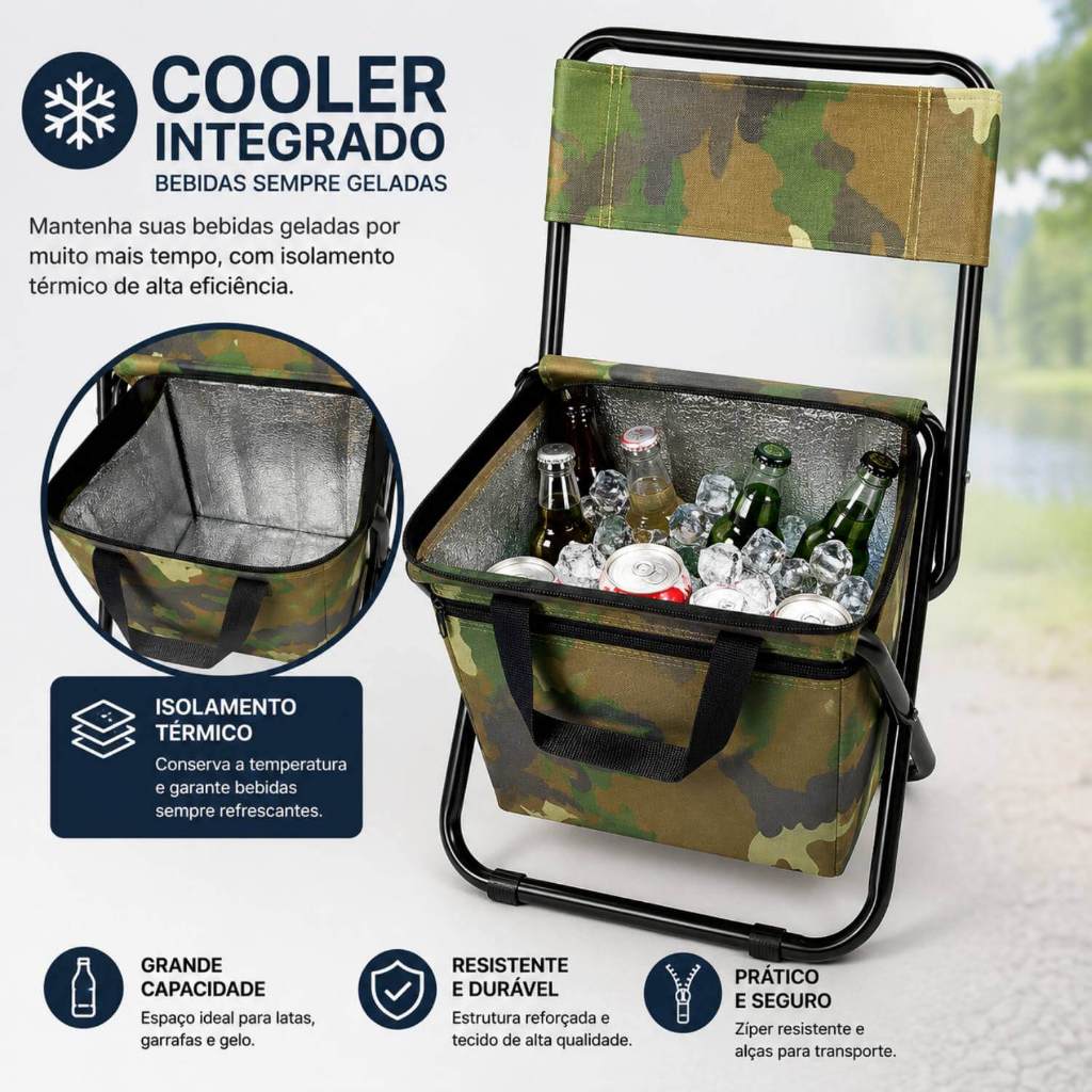 Cadeira Dobrável Compacta com Cooler Integrado Camuflado Camping Pesca Bolsa Térmica Praia