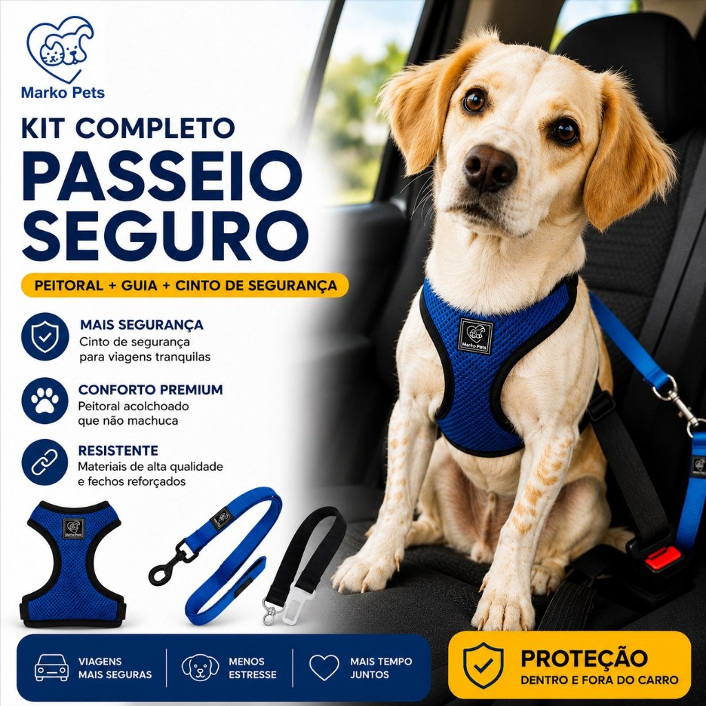 Kit Peitoral + Guia + Cinto de Segurança Pet - Tecido Aerado Respirável - Reforçado - Marko Pets
